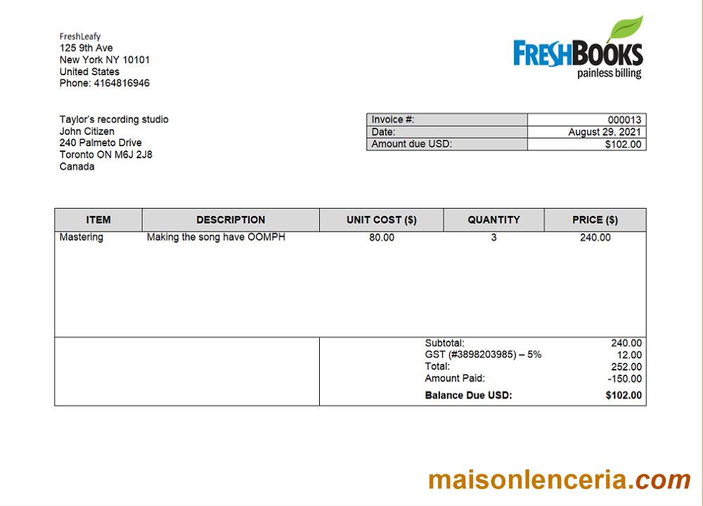 USA FreshBooks firma faktura słowo i PDF szablon